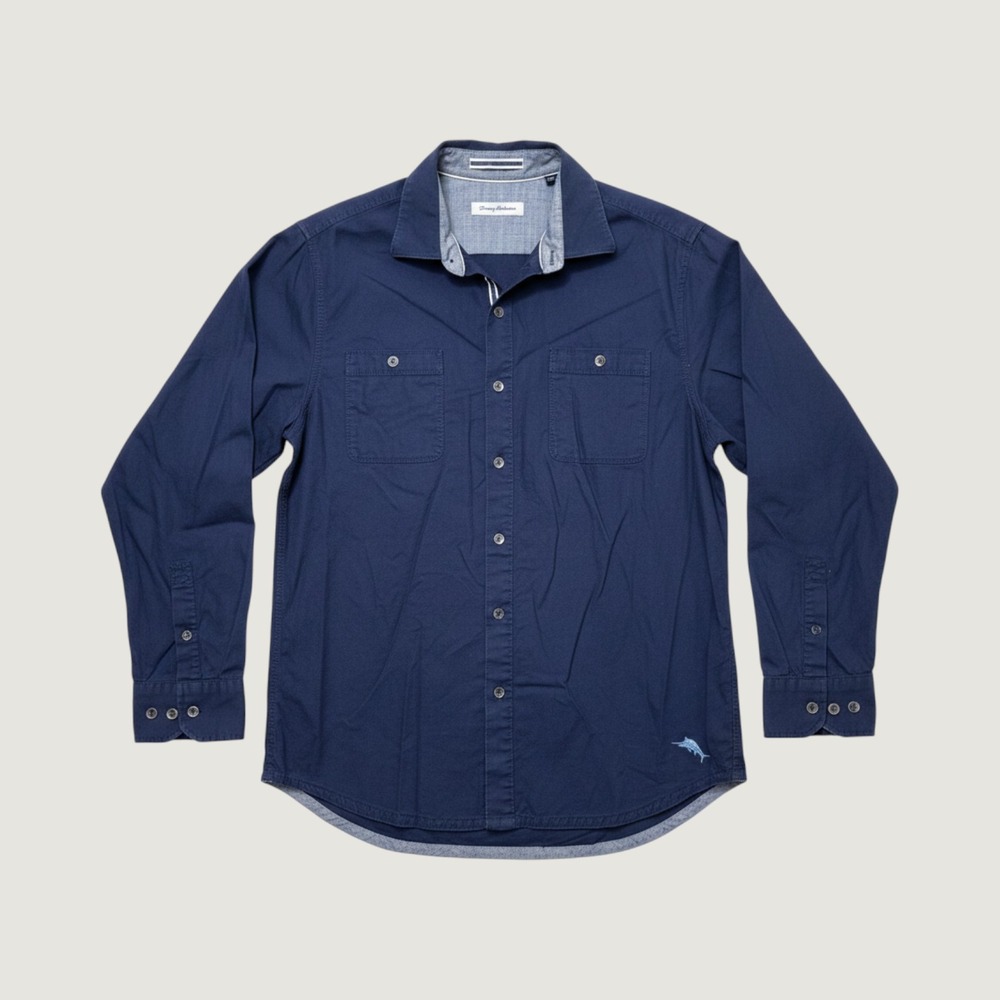 Tommy Bahama Mens Large Navy Blue Cotton Tencel Lyocell Button Down Shirt L/G